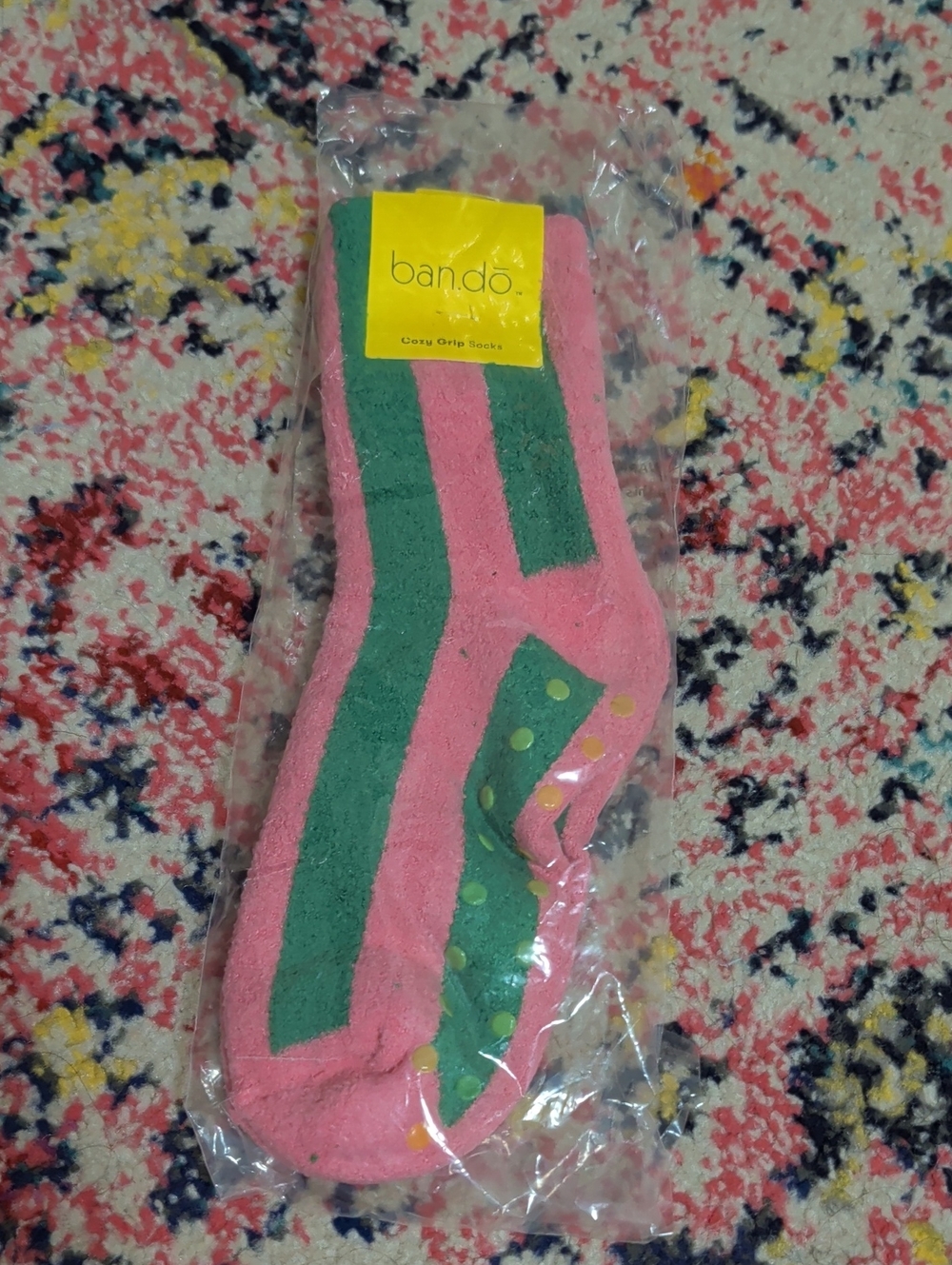 ban.do Pink and Green Striped Cozy Grip Socks
